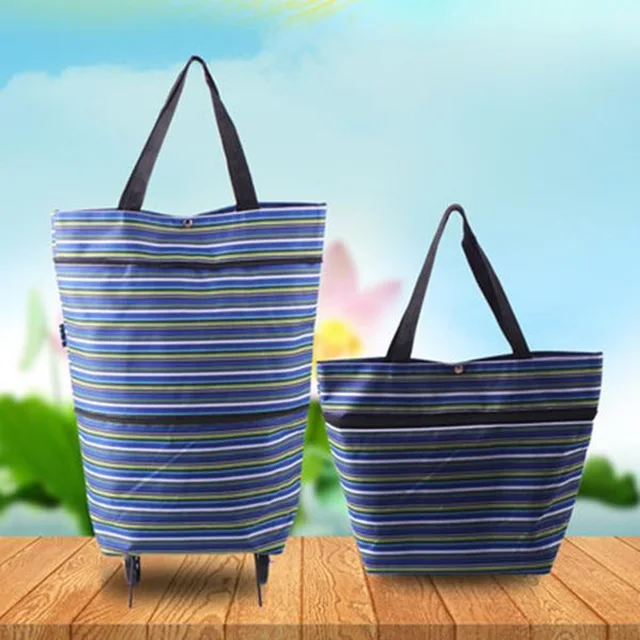 RUPUTIN New Folding Portable Shopping Bags Buy Vegetables Bag High Capacity Shopping Food Organizer Trolley Bag On Wheels Bags - Цвет: Blue stripe
