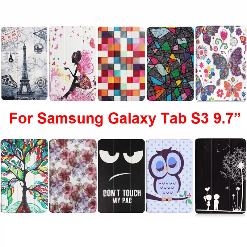 

Nice Painting Case for Samsung Galaxy TAB S3 9.7 Smart Cover Stand Case Color Butterfly Girl Tree Tower Owl Flower Eye Printing