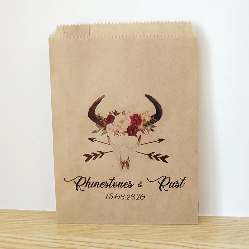 Персонализированные Свадебные Подарочные сумки с именем и датой, вечерние подарочные бумажные пакеты с изображением рога цветов для помолвки, конфет и буфета DZ004