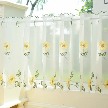 

2 pieces a lot transparent Yellow and pink daisy embroidery finished short coffee kitchen curtain half curtains