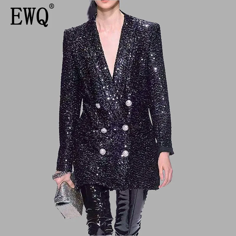 

[EWQ] 2019 spring autumn new pattern v-collar long sleeve sequin patchwork double breasted casual suit coat women AG74501XL