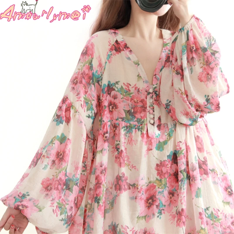 

2018 Spring Women Shirt Japanese Mori Girl Sweet Loose V-neck Floral Print Lantern Sleeve Casual Blouse Soft Cotton Tops Female