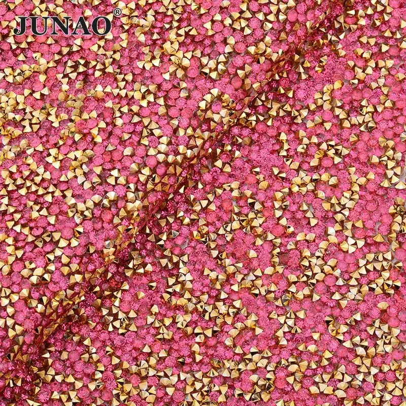 JUNAO 24*40 см самоклеющиеся черные стразы, сетка, отделка, смола, кристалл, ткань, аппликация со стразами, лента для украшения - Цвет: Gold Pink