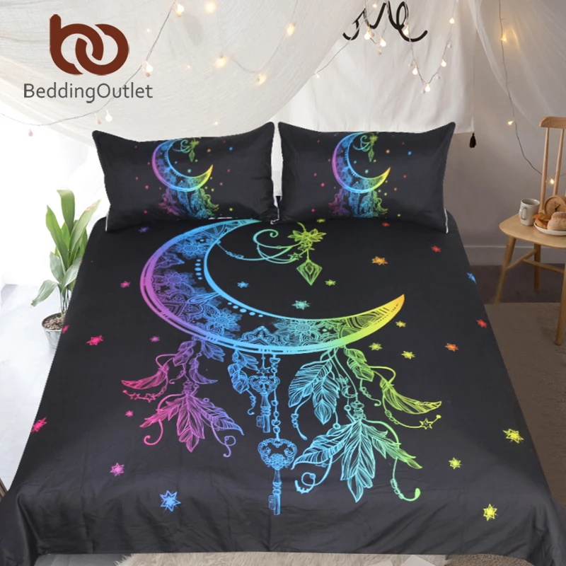

BeddingOutlet Bohemian Moon Bedding Set Rainbow Color Mandala Duvet Cover Set Queen Size Flower Printed Home Textiles 3-Piece