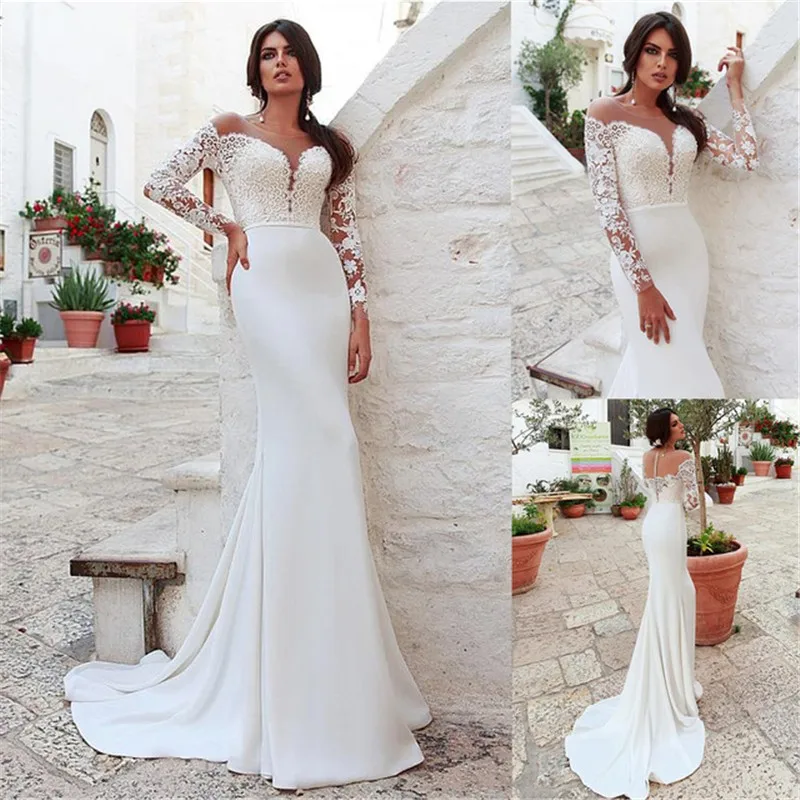 

Vestidos De Noiva 2019 Elegant Mermaid Long Sleeve Wedding Dress Tulle Appliques Beaded Princess Lace Wedding Gown