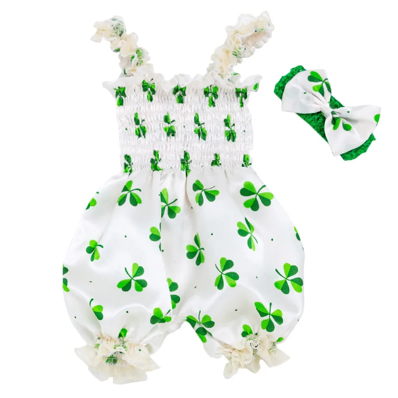 

Newborn Festival Baby Girls Outfits Ruffles Sleeveless Girls Romper Headband 2pcs Baby Set My First St. Patrick Day Baby Clothes