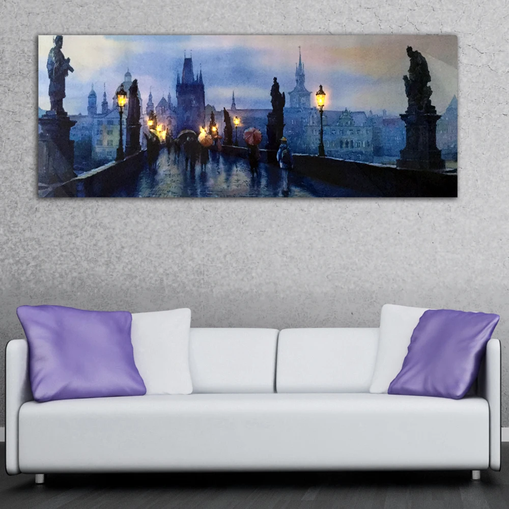 

Led Canvas wall decor Prague Charles Bridge and Prague Castle after rain canvas print light up painting artwork streched framed