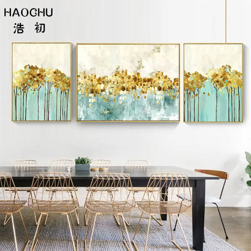 

HAOCHU Abstract Personality Golden Yellow Leaves Wave Dot Decoration Picture Art Print Poster Canvas Painting For Living Room