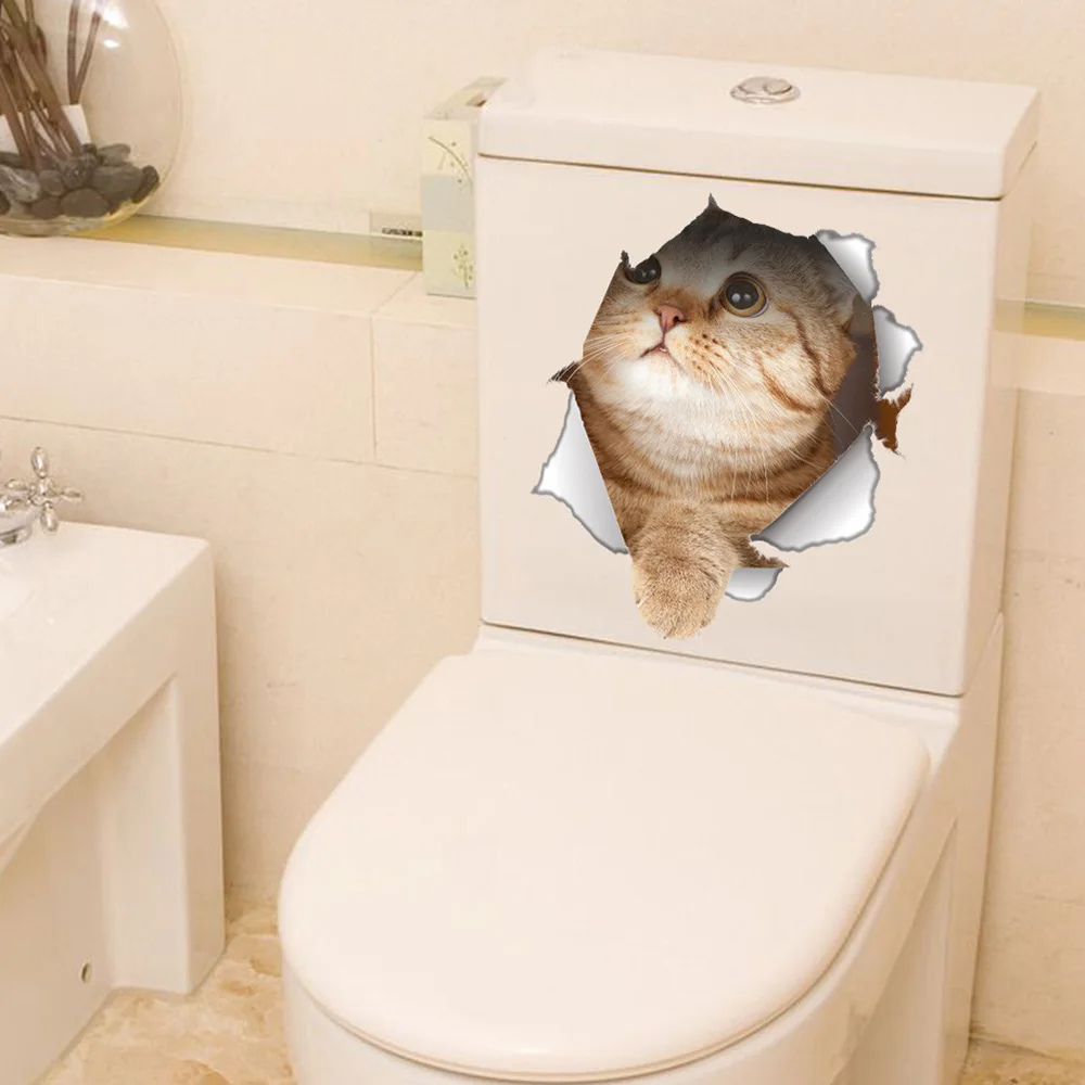 3D Cute Cats Wall Sticker Toilet Stickers Hole View Vivid Dogs Bathroom Home Decoration Animal Decals Art Sticker Wall Poster