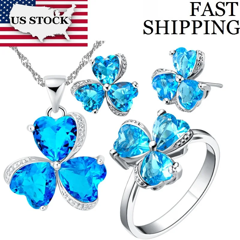 

USA STOCK Uloveido Silver Color Wedding Jewelry Set with Blue Stones 3 Leaves Crystal Ring Pendant Stud Earrings for Women T289