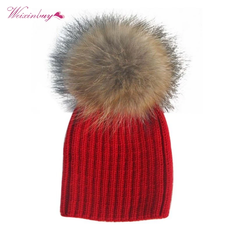 Baby Winter Hats kids Beanie Raccoon Fur Pom Bobble Woolen Hat Kids Warm Crochet Hat Kawaii Hats flanging color block crochet knit pom hat