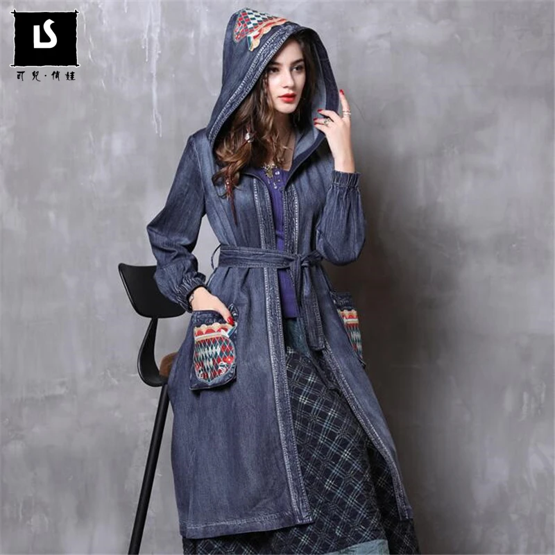 La Femmes Vintage Long À Blue Lâche Broderie Manteaux Denim Cardigans Automne Veste Capuchon Occasionnel D'hiver Manteau Femme Taille Poche Plus rrtdqw0