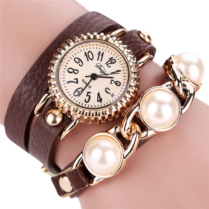 Duoya Женская мода Повседневный Браслет En Cuir Montre-Bracelet Femmes Robe relogio feminino жемчужные часы horloges женские часы B30 - Цвет: Кофе