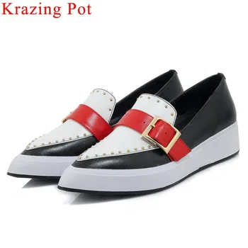 

Krazing Pot genuine leather mixed colors rivets buckle decoration thick bottom platform slip on loafers vulcanized shoes L97