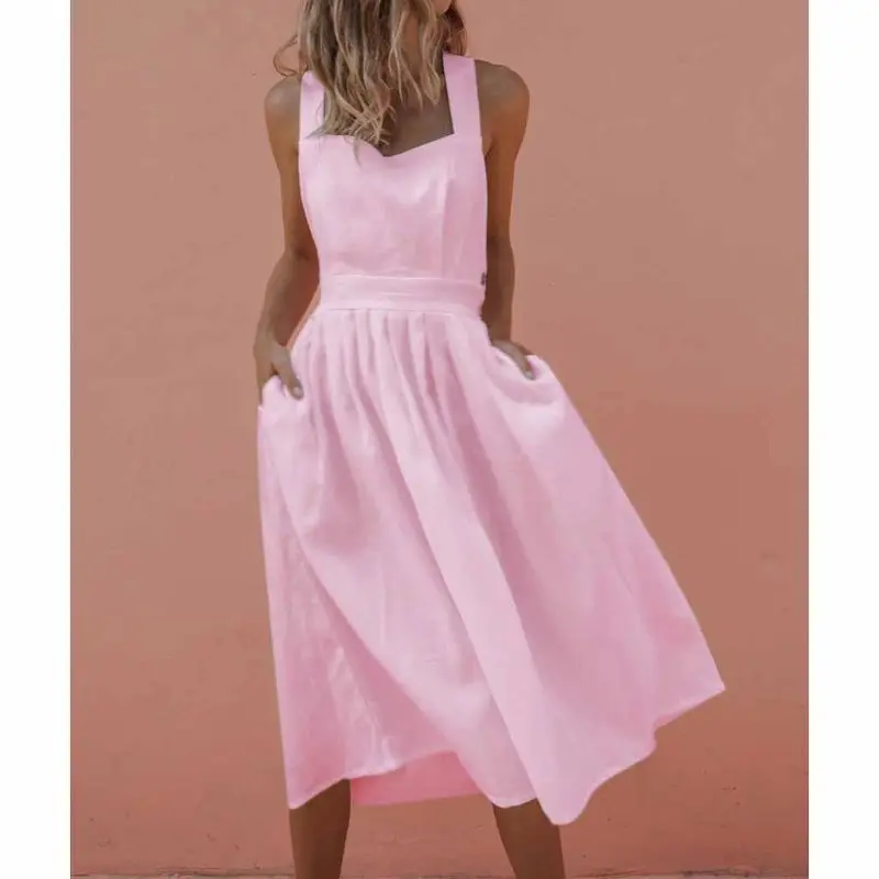 Женское платье без рукавов сексуальное с вырезом лодочкой на пуговицах с карманом без спинки летнее пляжное миди платье-сарафан