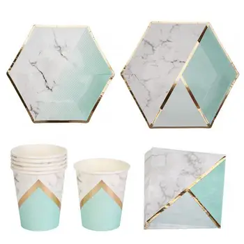 

Disposable Tableware Suit Gold Pink Mint Green Marble Texture Paper Christmas Party Decoration Tissue Paper Cup Dish