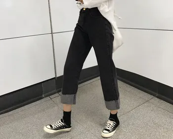 

2019 Summer Women Harajuku Black Mid Waist Denim Pants Pockets Button Wide Leg Trousers Wide Leg Pants Ankle-Length Loose Pants