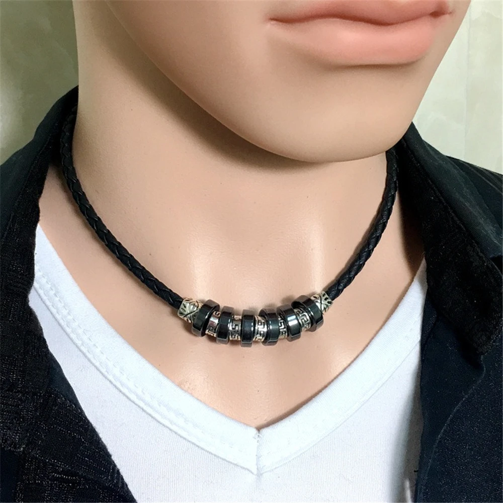 

N0094 Hot Selling Mens Braided Leather Necklace with Stainless Steel Accessories