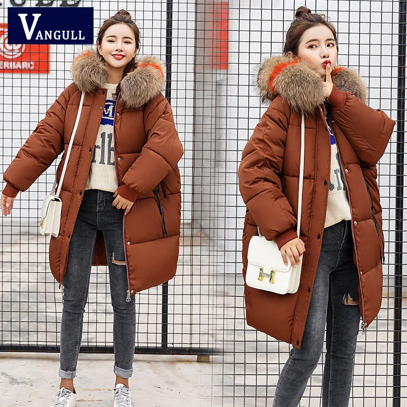 Cena Vangull luźne ciepłe kurtki zimowe płaszcze damskie futro z kapturem długa parka długa kurtka wyściełana bawełną na co dzień kobiet znosić 2019