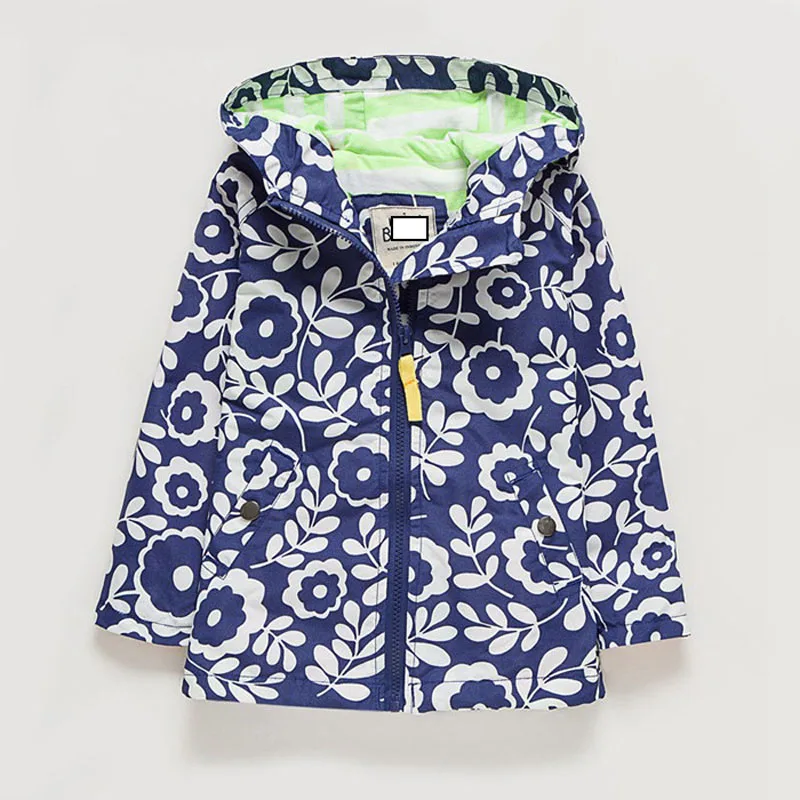 

Girl windbreaker coat spring and autumn new European cotton lining children in the children's card Blue print flower