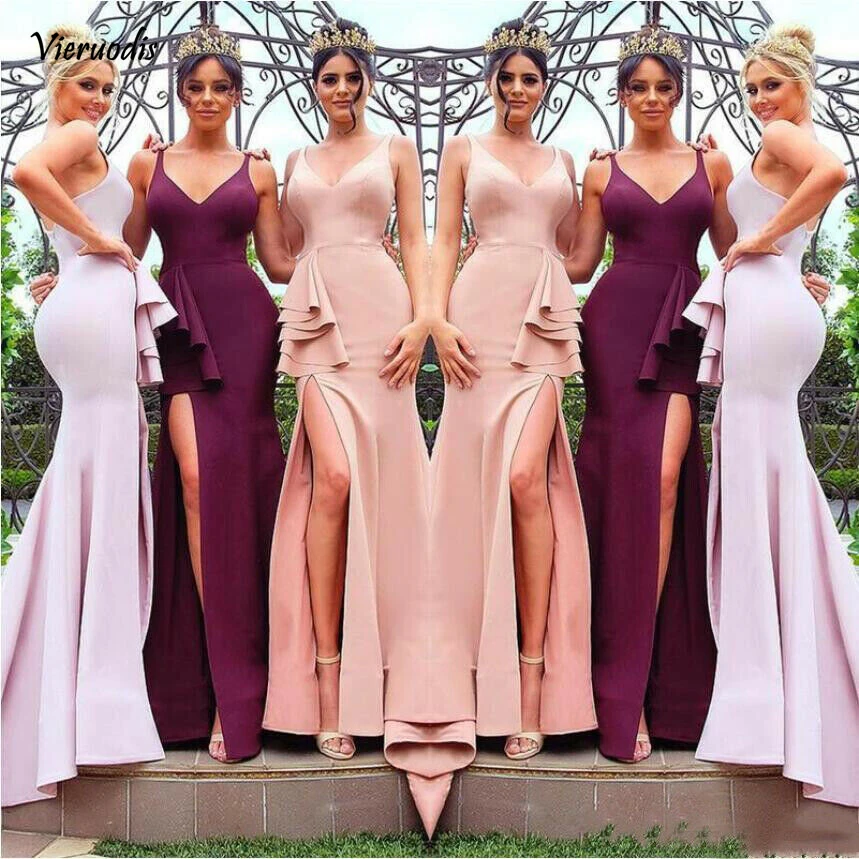 

Sexy V-nevk Mermaid long Prom Dress Formal Ruffles High Split Party Gown Custom made Chapel Train Evening dress