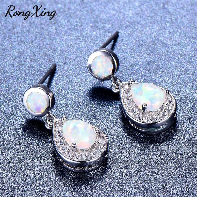 Женские серьги капли RongXing серебристые радужные белого/синего цвета с огненным