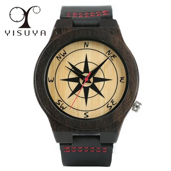 

Men Nature Sandalwood Quartz Watches Compass Pattern Face Modern Wooden Wristwatch Creative Genuine Leather Strap Casual Male