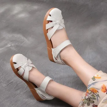 

RUSHIMAN Women's Sandals 2019 Summer Genuine Leather Handmade Ladies Shoe hollow Sandals Retro classic Mother Shoes