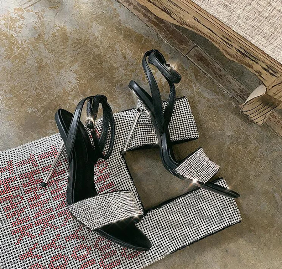 Metal Fiesta Prova El Mujeres Zapatos Lujo Verano Las Sandalias Boda Peep Gladiador Cristal Negro Sexy Tacón De Fino En Toe Perfetto Correa Tobillo HqnHrpwZ4