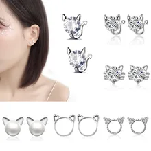 Rinhoo moda parlak zirkon inci kedi saplama küpe sevimli romantik CZ yavru küpe kadınlar partisi kulak takı sıcak hediye toptan
