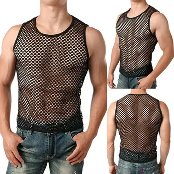 

2019 New Casual Men's Mesh Sheer Tops Gym Training Tank Top Sexy Fish Net Muscle Tee Vest