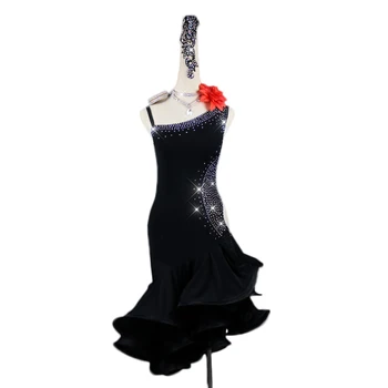 

Rhinestones Sexy Openwork Latin Dance Black Dress Competition Performance Dresses Stretch Net Practice Clothes Fish Bone Skirt