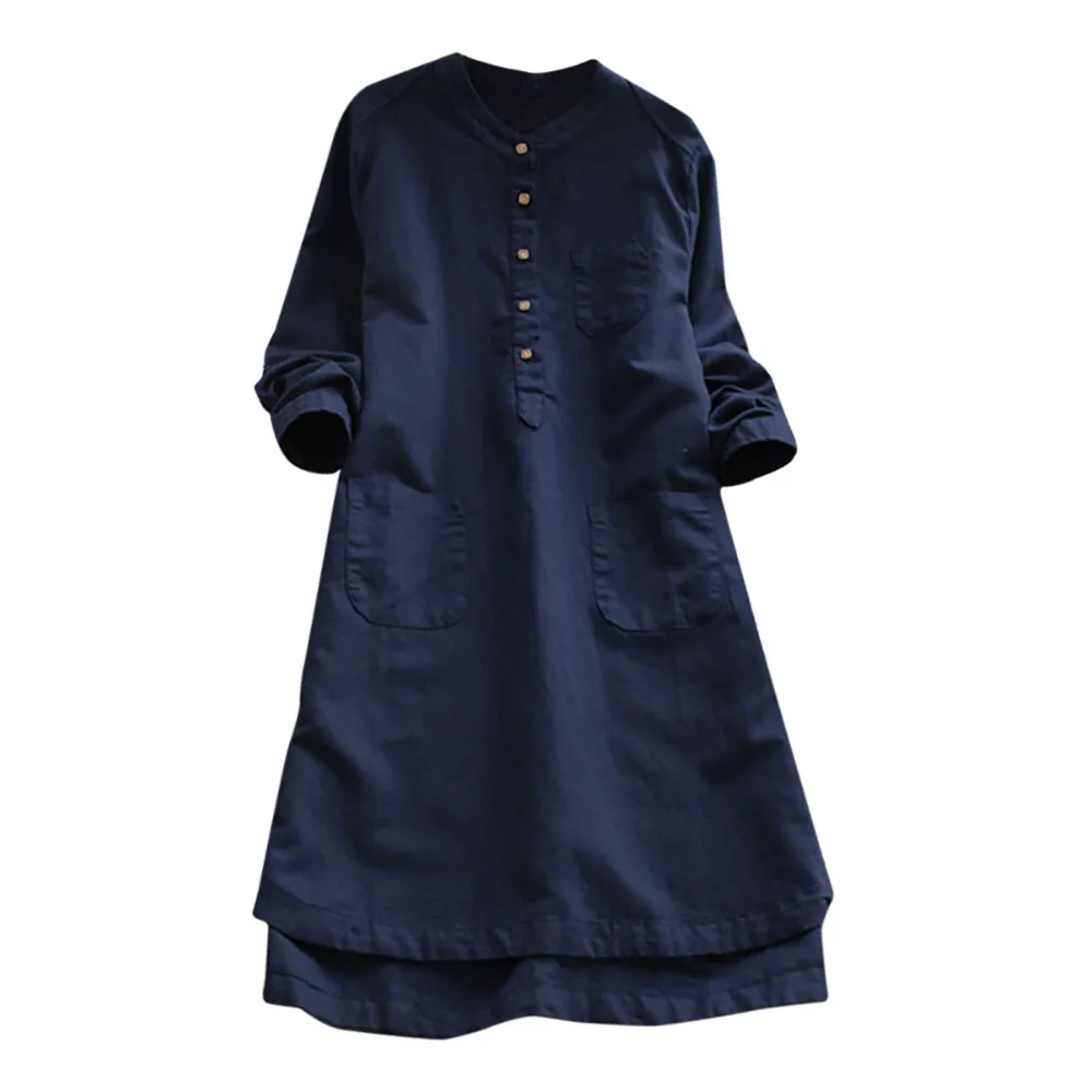 Женские Ретро с длинным рукавом повседневные свободные пуговицы Топы Блузка мини-рубашка платье 401 - Цвет: blue