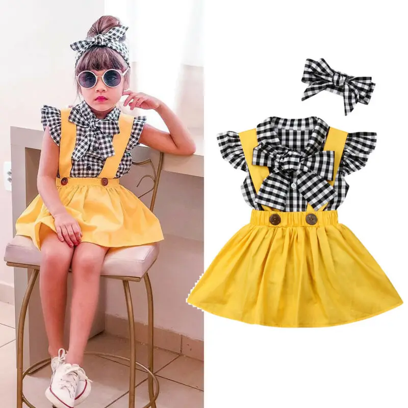 0-3Y комплекты одежды для маленьких девочек клетчатые футболки с рукавами и оборками и бантом Топы+ желтое платье на лямках+ повязка на голову, 3 предмета