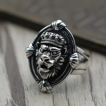 

S925 Vintage Sterling Silver Jewelry Ring Silver Lion personality open men and women to do the old domineering wide ring
