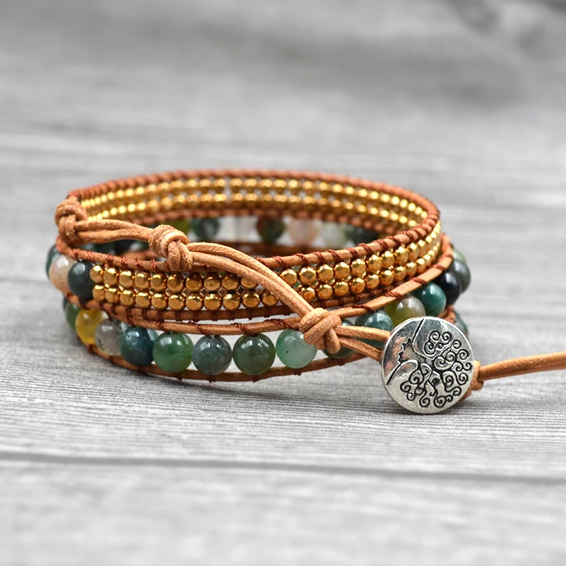 

Women Bohemian Bracelets Leather and Natural Indian Stone Strands Woven Handmade Wrap Bracelets Boho Tree of Life Charm