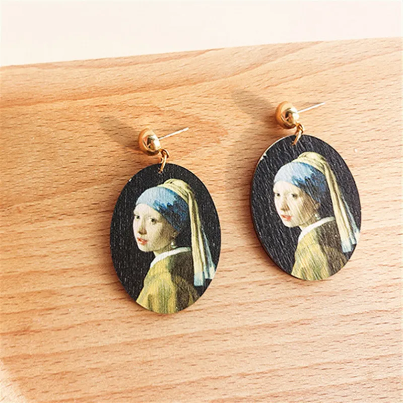 

New Fashion women stud earrings wood Renaissance paintings oval wooden jewelry earring Oil painting portraits stud earrings
