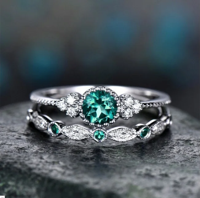 Size 5-10 Vintage Fashion Jewelry 925 Sterling Silver Round Cut Green&Blue AAA Cubic Zirconia Couple Rings Women Bridal Ring Set