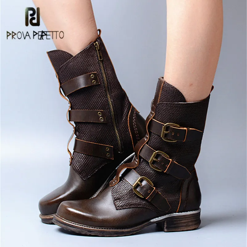 

Prova Perfetto Punk Style Women High Boots Buckle Straps Genuine Leather Autumn Winter Boots Female Platform Rubber Shoes Woman