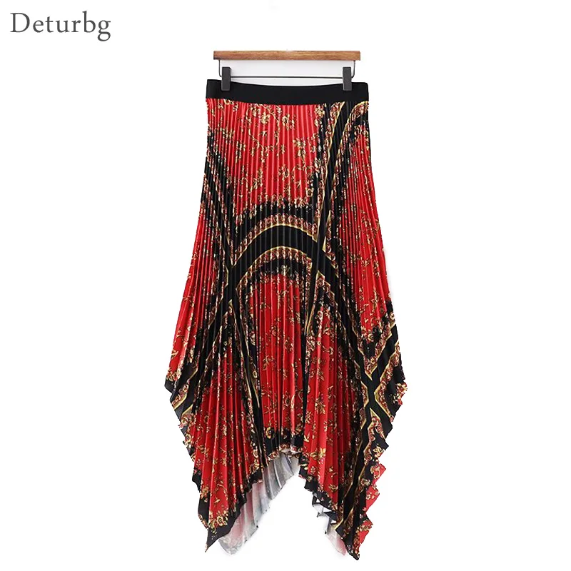 

Women Fashion Florals Printed Long Skirt Ladies Harajuku Elastic High Waist Satin Pleated Irregularly Red Skirts Saias New SK264
