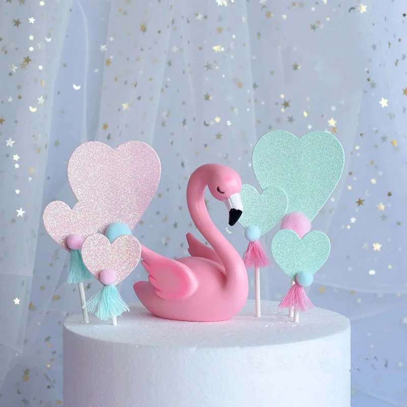 

3PCS/Lot Lovely Glitter Heart Tassel Pompom Cake Topper Cute Card Inserted Dessert Cupcake Birthday Party Wedding Decorations