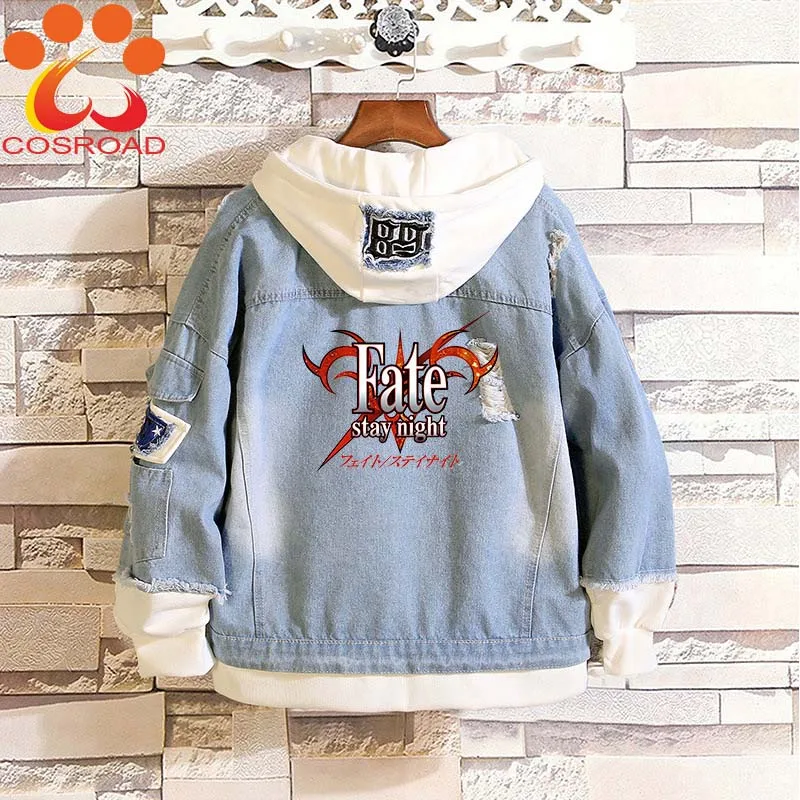 Cosroad Anime Fate/stay night Cosplay Jeans Jacket Costumes Fate/Zero Men Women Hooded Jacket Halloween Denim Zip Coats
