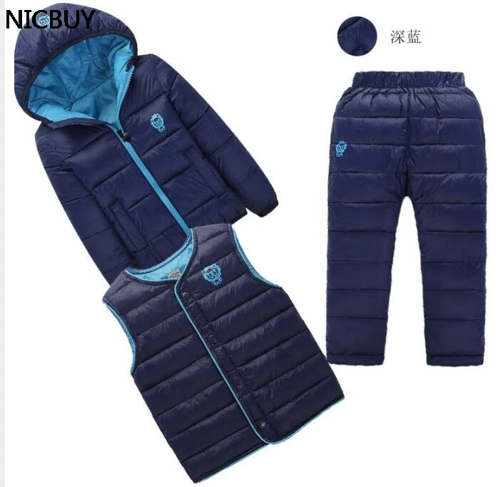 

Autumn Winter Boy Girl Solid Clothes Kids Cartoon Print Warm Sets Children Jackets Coats Vest Pants 3Pcs suits toddler Tracksuit
