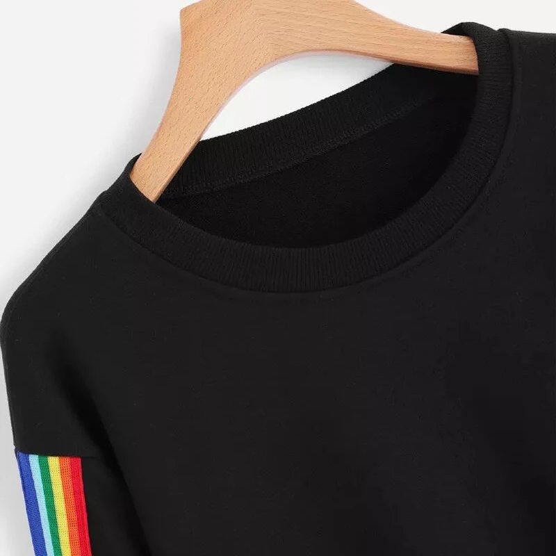 Brand 2019 New Women Spring Autumn Rainbow Stripe Cute Patchwork Long Sleeve Crew Neck Loose Crop Top Casual Short Hoodies
