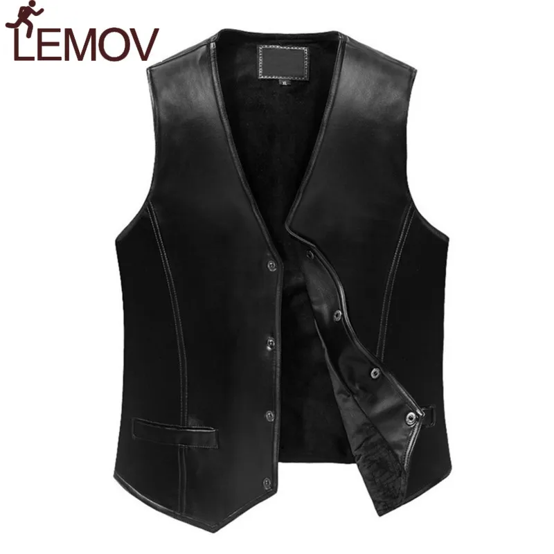 

LEMOV Black Leather Vest Men 5XL Winter Slim Fit Equestrian Vest Gentleman Genuine Sheep Leather Business Sleeveless Hiking Vest