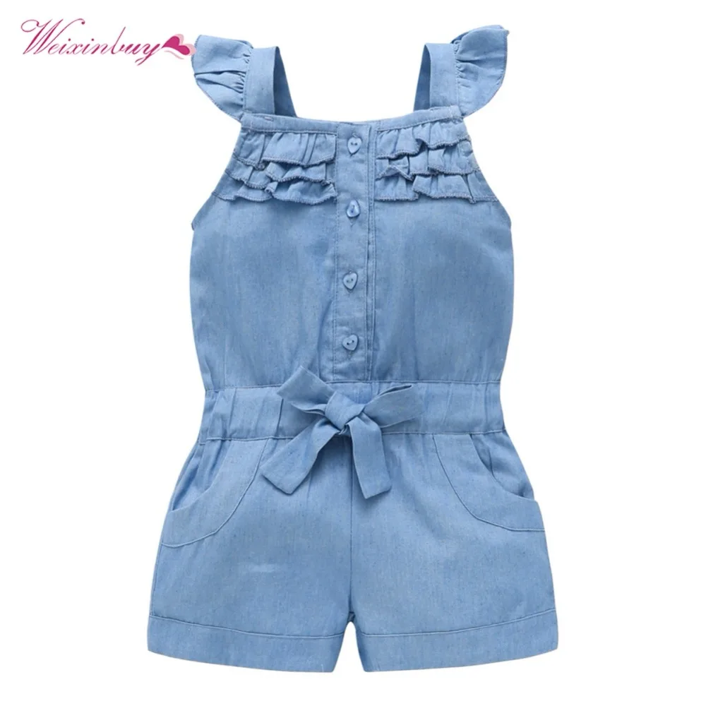 

Children Girls 2018 New Summer Flying Sleeves Solid Cotton Cowboy Straps Jumpsuit for 0-5 Years