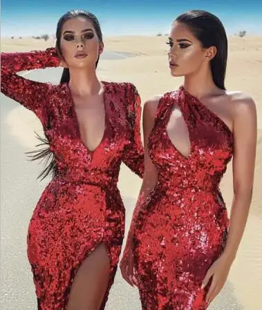 High Quality Wine Red Long Sleeve Bright V-neck Open Fork Dress New Year Party Dress (2)