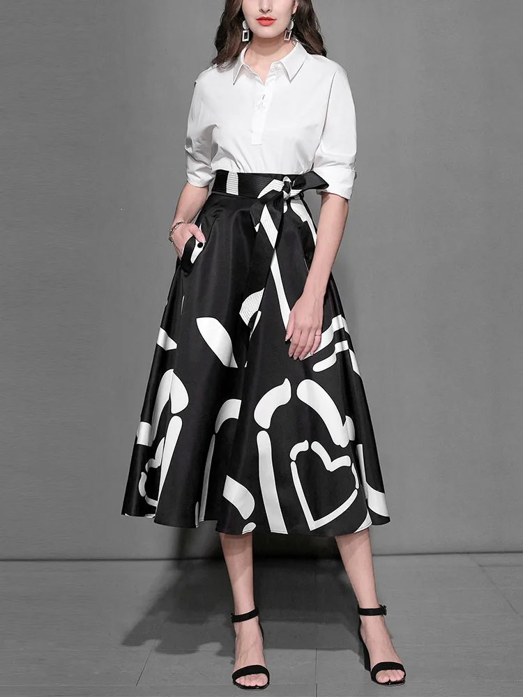 White Lapel Blouse & High Waist A Line Dress (3)