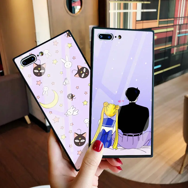 

Luxury Japan Anime Tempered Glass Case for iPhone 8 Case Sailor Moon Case for iphone X 6 6S 7 Plus Fundas Capinhas