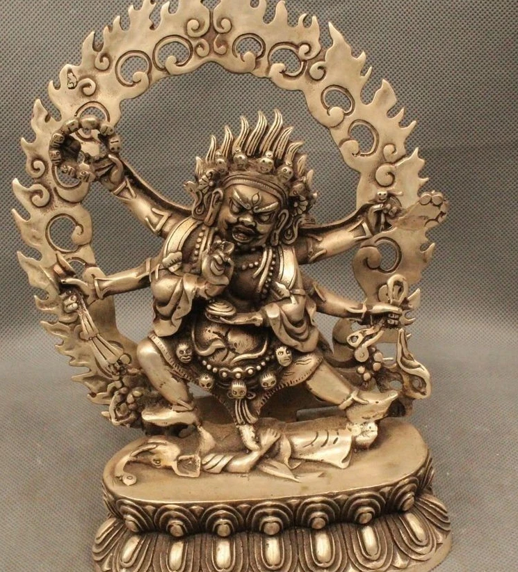 

9" Tibet Tibetan Buddhism Folk Silver 6 Hands Arms White Mahakala Buddha Statue